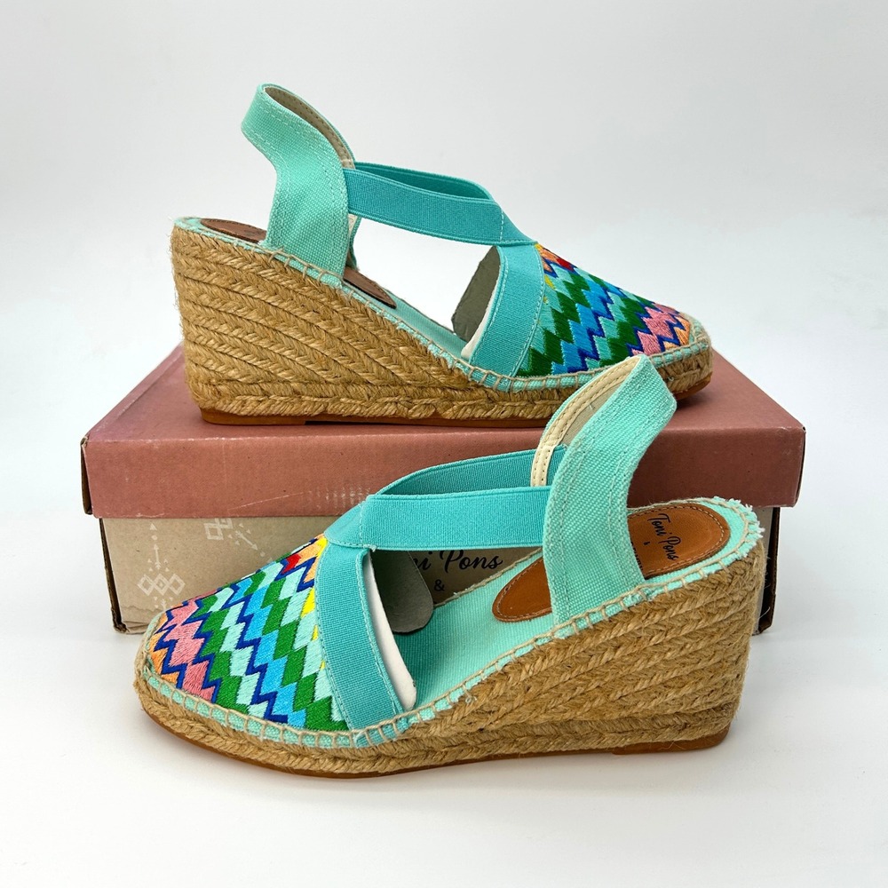 Womens Espadrille Wedge Sandals Toni Pons Gardenia Sz 7.5 Rainbow Embroidery NEW